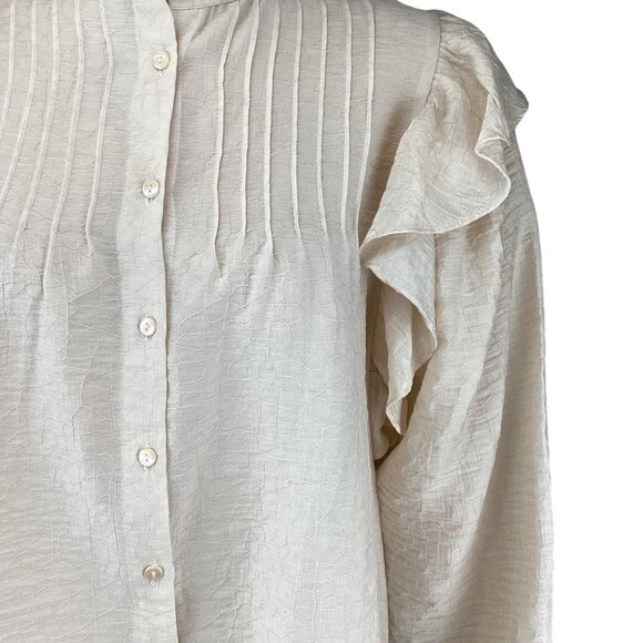 MNG Mango Lyocell Blouse Top Size Small Beige Ruffle Shoulder Long‎ Sleeve - Picture 4 of 10